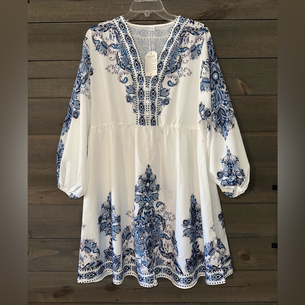 NWT Elegant Blue and White Dress
